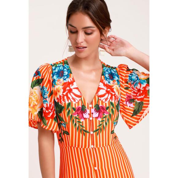 Lulus Size Small New Roam the Riviera Orange Multi Striped Button-Up Maxi Dress - Picture 4 of 7